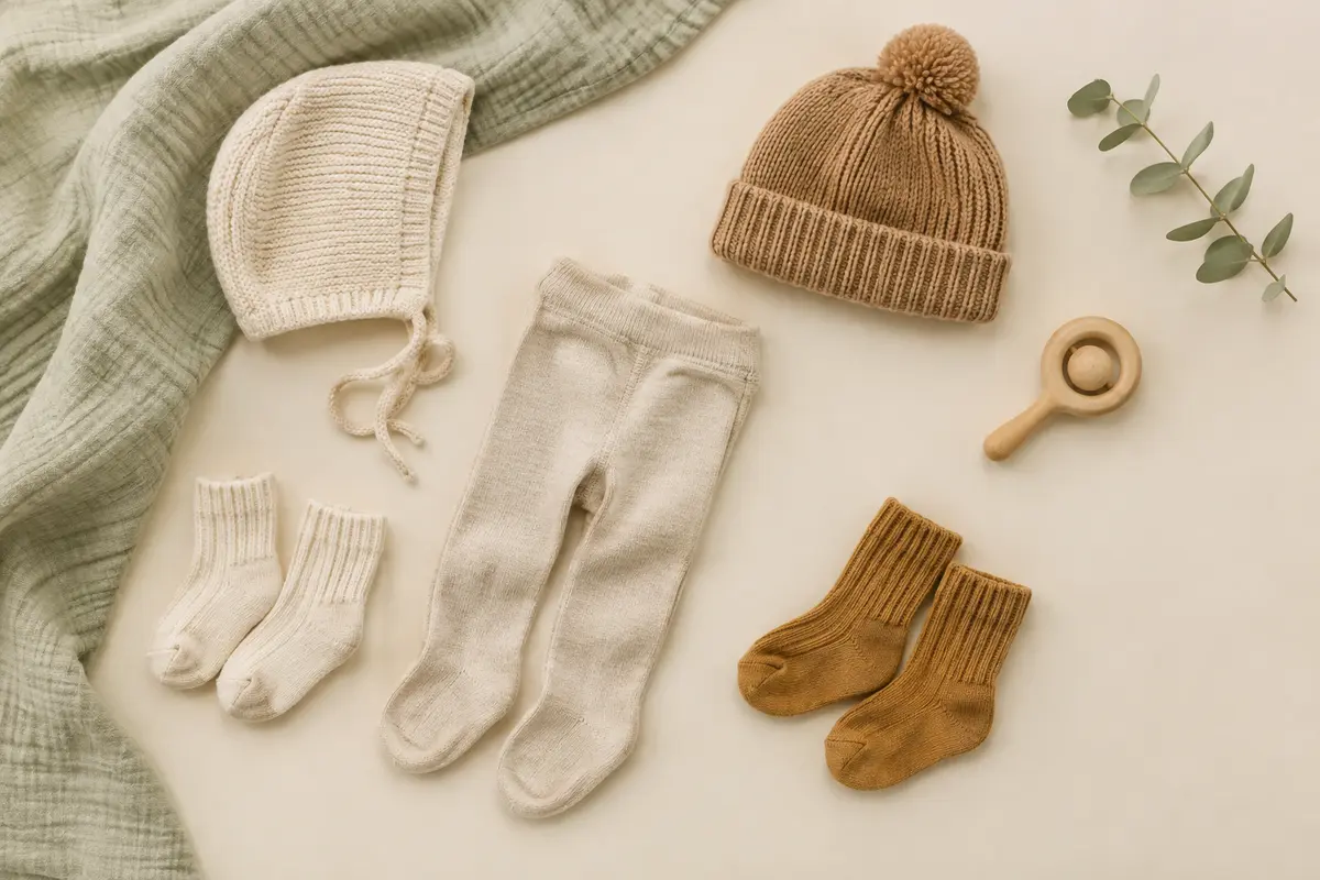 Chaussettes, collants et bonnets bébé disposés sur un fond clair
