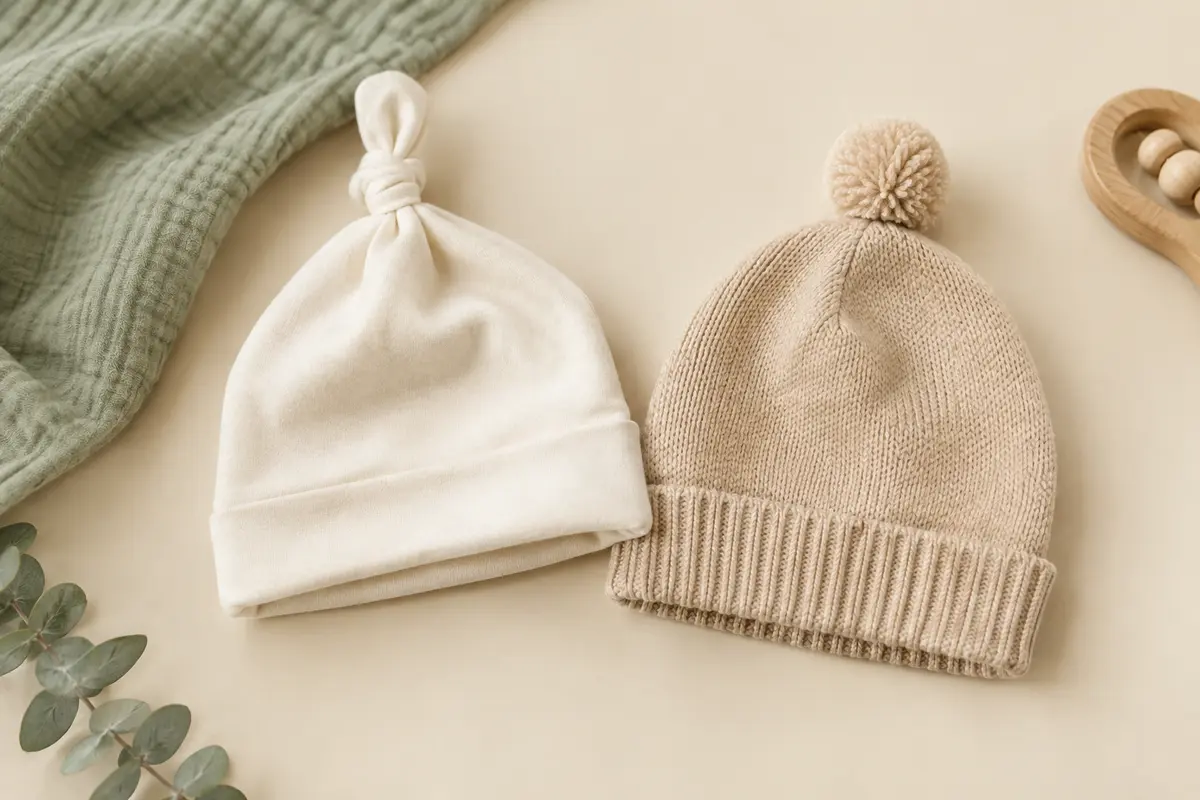 Bonnets bébé en coton et en maille posés côte à côte