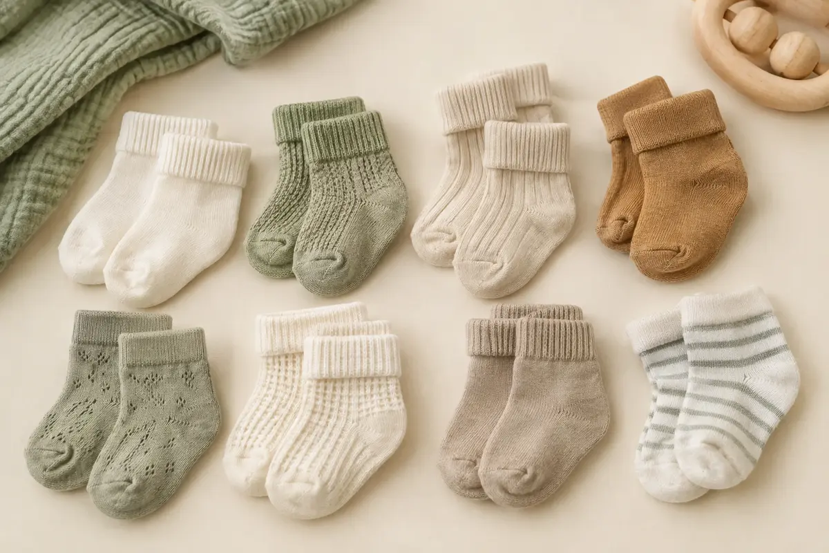 Paires de chaussettes bébé pliées et alignées sur un fond crème