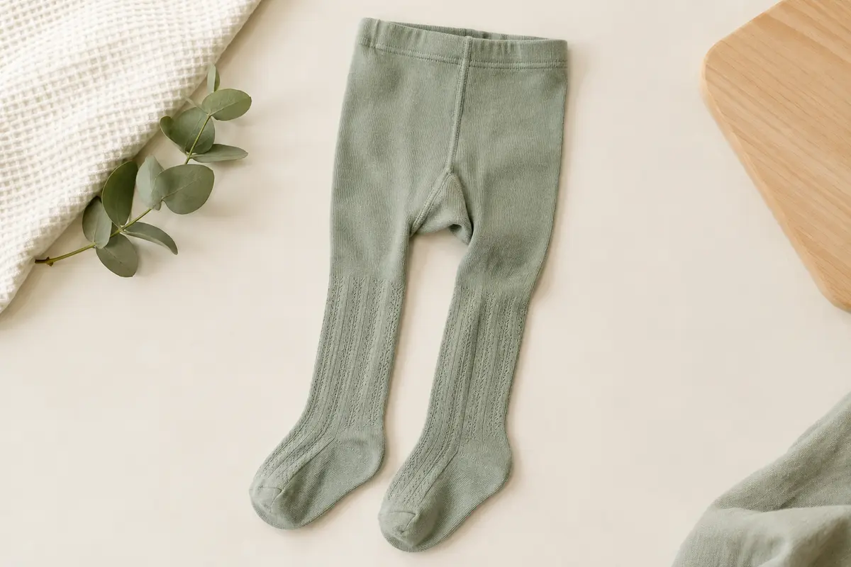Collants bébé pliés et présentés à plat sur un fond ivoire