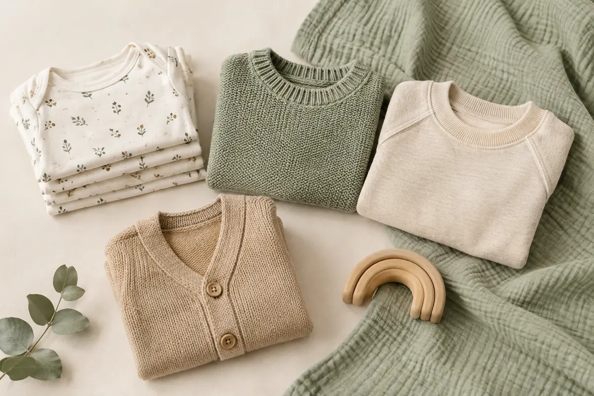 Tee-shirt, pull, sweat et gilet bébé pliés dans des tons doux