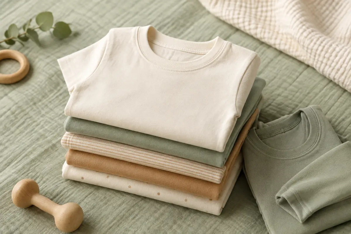 Tee-shirts bébé à manches courtes et longues pliés sur une couverture sauge