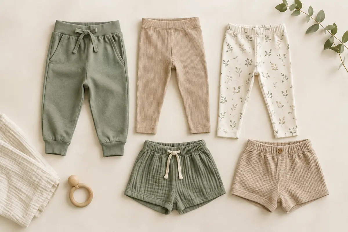 Pantalon, legging et short bébé présentés à plat sur un fond clair