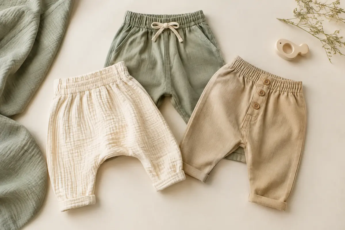 Pantalons bébé pliés avec ceintures élastiques visibles
