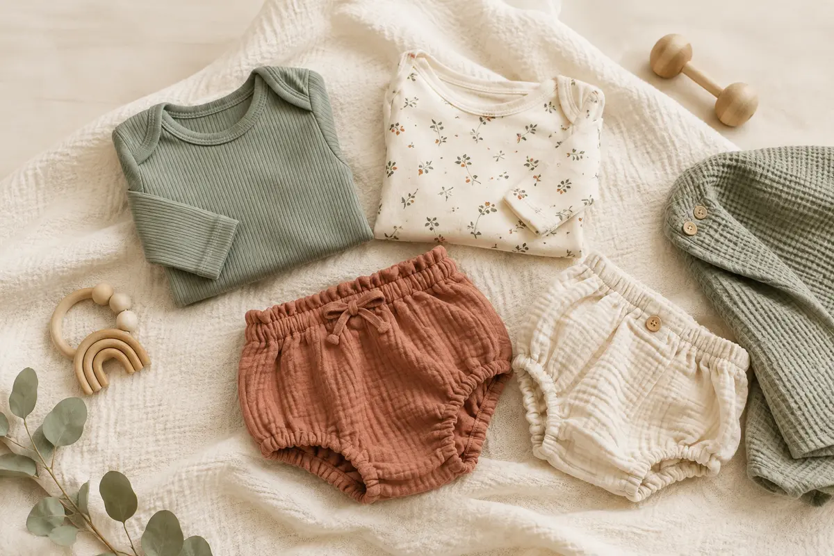 Bodies et bloomers pour bébé pliés sur une couverture claire