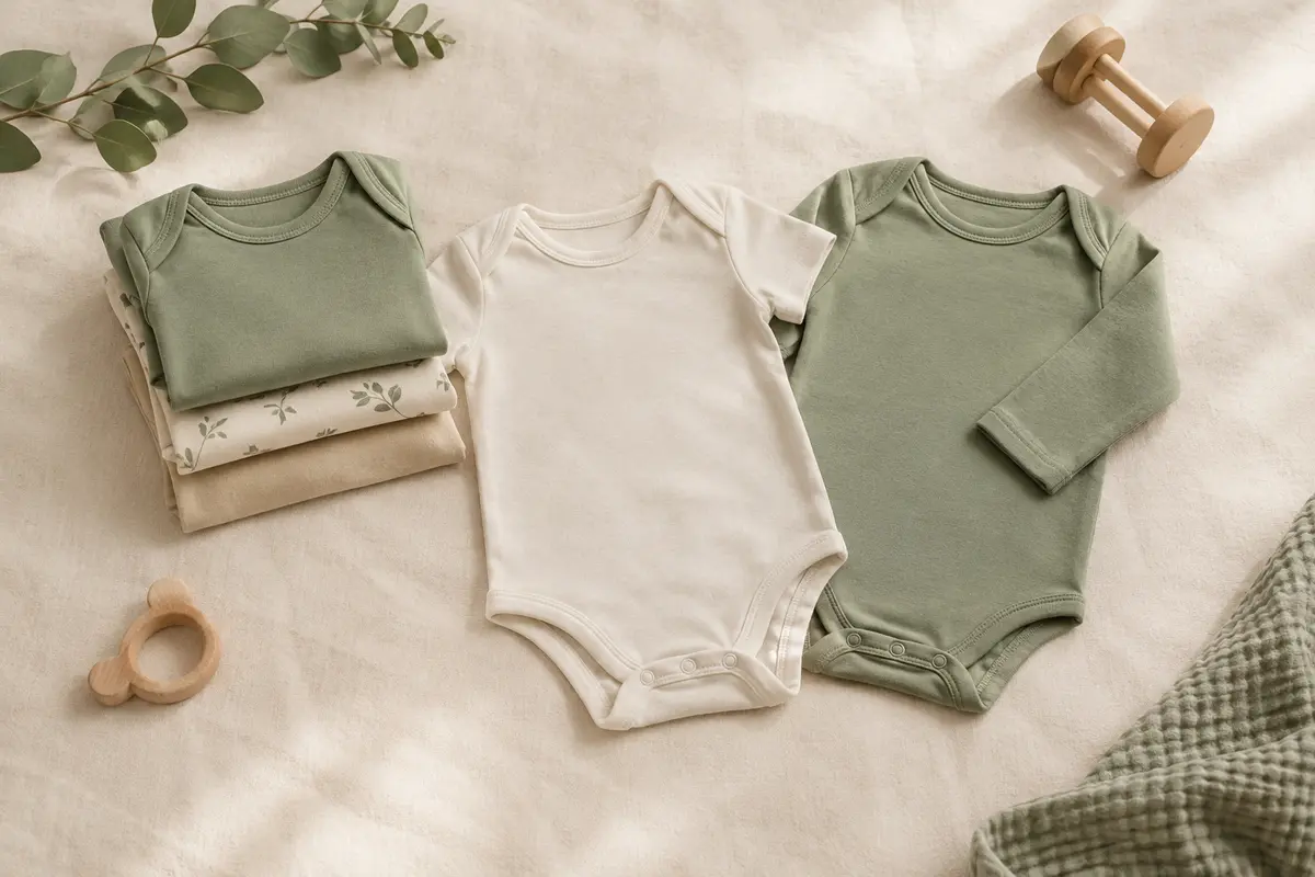 Bodies bébé à manches courtes et longues pliés sur du coton écru