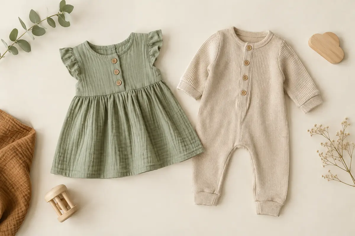 Robe et combinaison bébé présentées à plat sur un fond ivoire