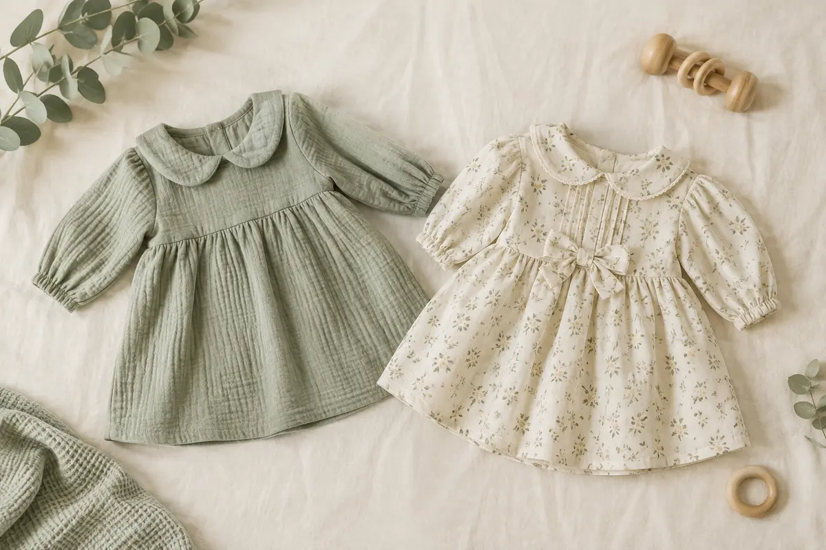 Deux robes bébé, simple et habillée, posées sur un drap crème
