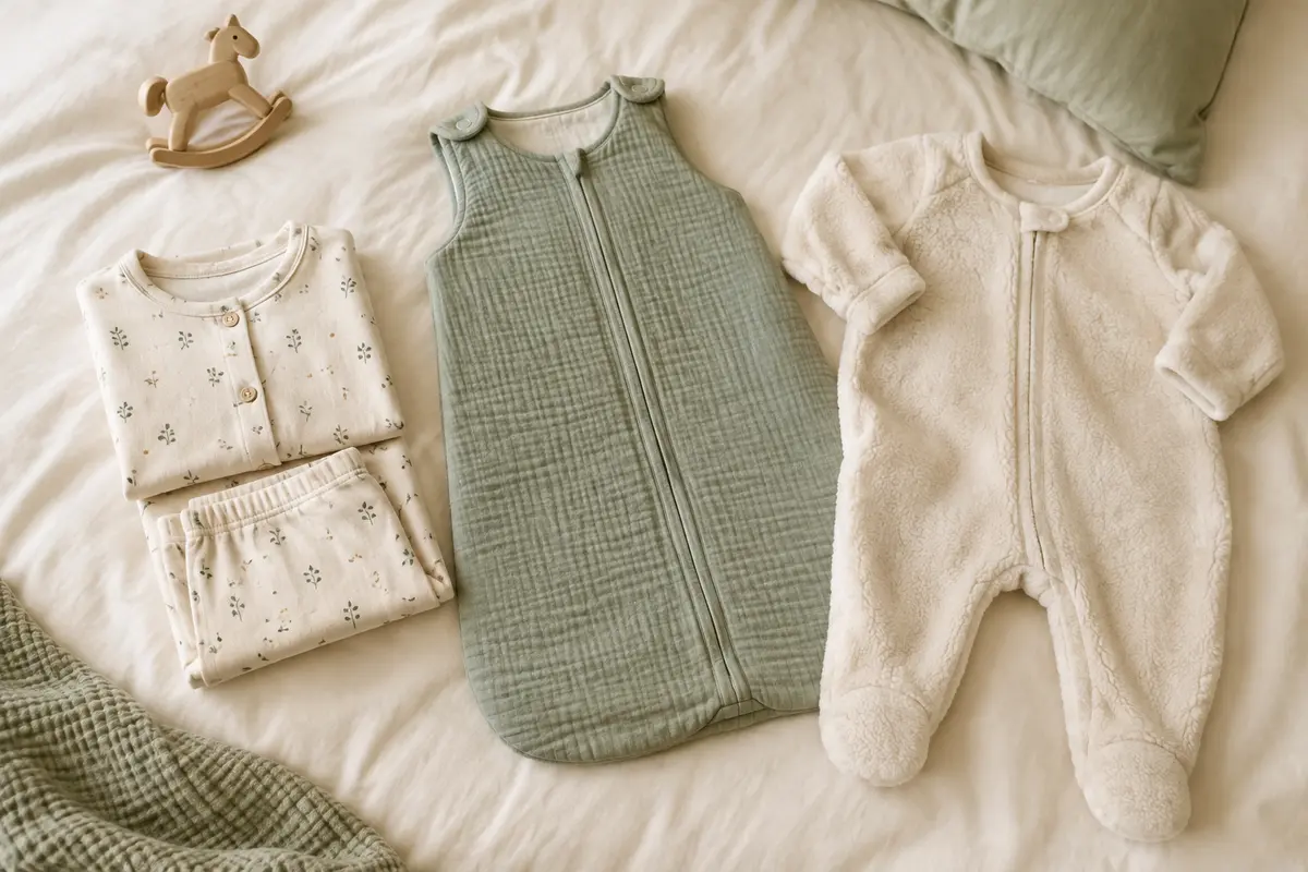 Pyjama, gigoteuse et surpyjama bébé présentés sur des draps clairs