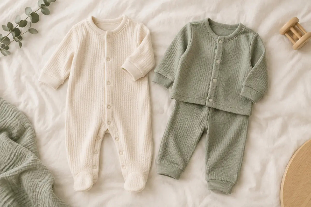 Pyjamas bébé une pièce et deux pièces pliés sur un drap ivoire
