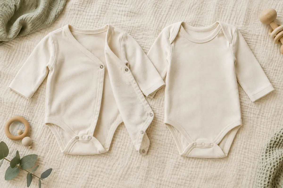 Deux bodies de bébé côte à côte, l’un croisé avec pressions et l’autre à enfiler par la tête.