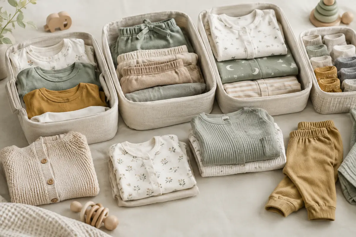 Vêtements de bébé pliés et classés par catégorie dans des paniers de rangement clairs.