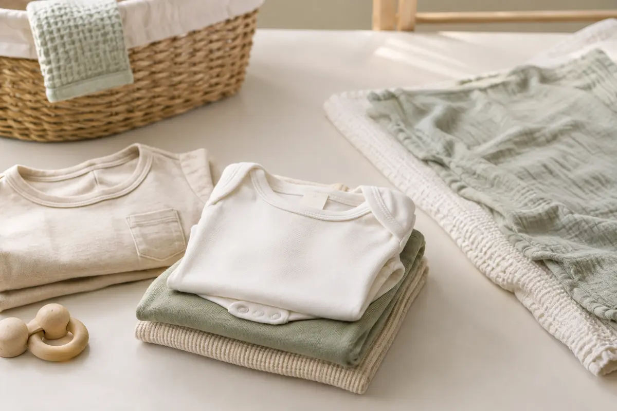 Vêtements bébé en coton pliés et séchant à plat après un lavage respectueux de leur étiquette.