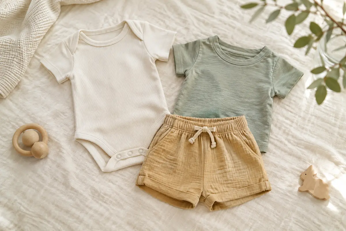 Body à manches courtes, tee-shirt et short légers pour bébé posés sur une couverture claire.