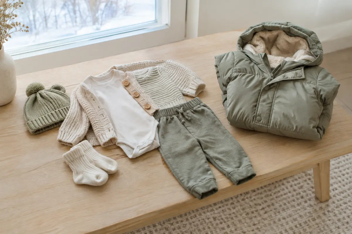 Tenue hivernale de bébé composée de couches ajustables, d’un bonnet et de chaussettes