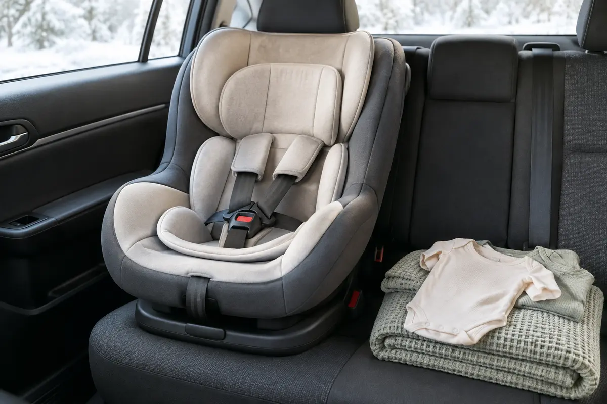 Siège auto pour bébé vide avec harnais visible et vêtements d’hiver fins disposés à côté