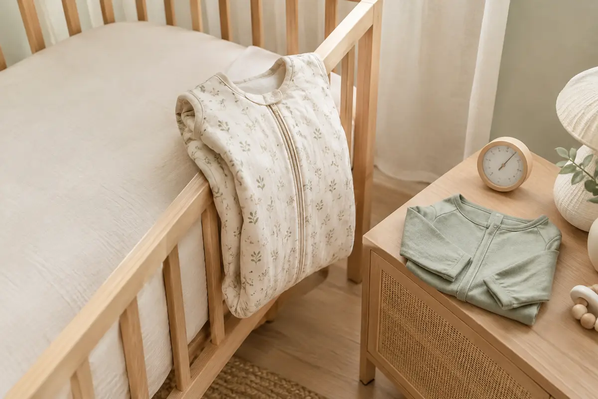 Gigoteuse pliée dans une chambre de bébé avec un thermomètre d’intérieur et un pyjama uni