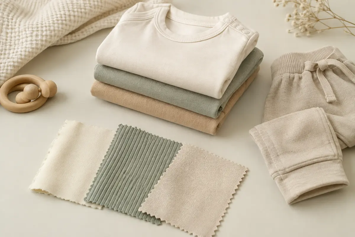 Vêtements bébé et échantillons de jersey, de maille côtelée et d’interlock présentés côte à côte