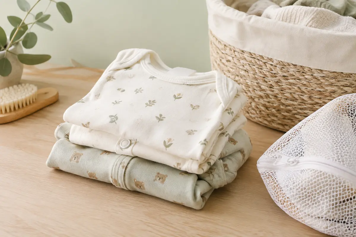 Body et pyjama de bébé pliés près d’un filet de lavage, prêts pour un premier entretien.