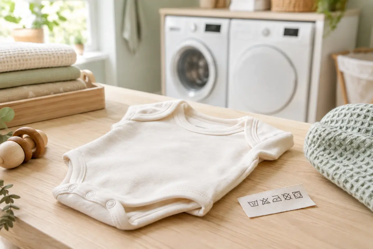 Body de bébé plié près d’une étiquette textile et d’une machine à laver dans une buanderie lumineuse.