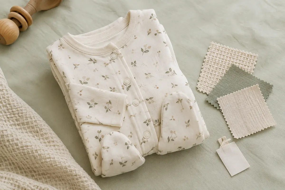 Pyjama bébé plié près d’échantillons de tissus et d’une étiquette d’entretien retournée.