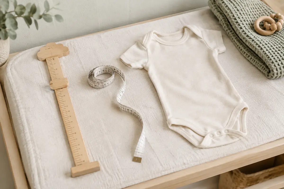 Mètre souple, toise et body en coton préparés pour mesurer bébé avant un achat en ligne