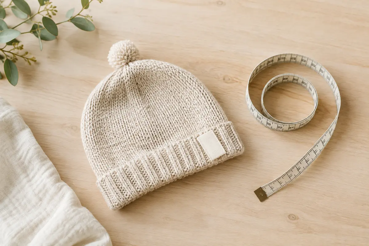 Bonnet de bébé en maille posé près d’un mètre ruban souple pour illustrer la prise de mesure