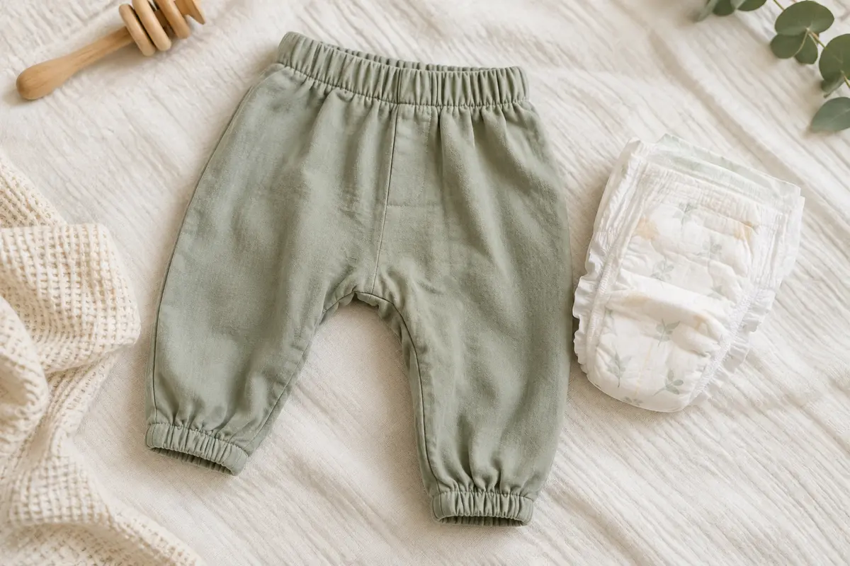 Pantalon souple pour bébé posé près d’une couche, avec sa ceinture et ses finitions visibles