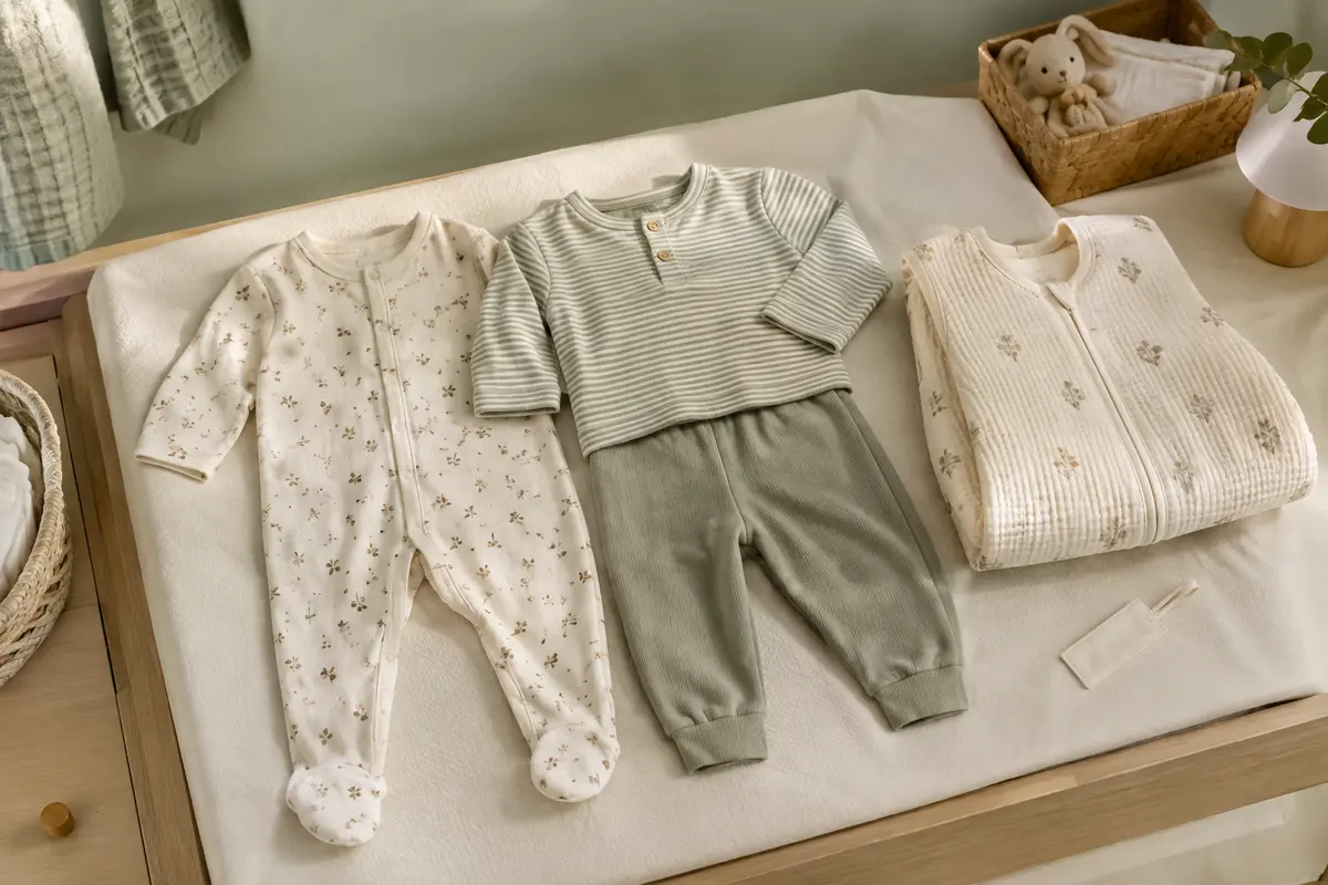 Pyjama bébé une pièce et ensemble deux pièces posés côte à côte pour comparer leur coupe.