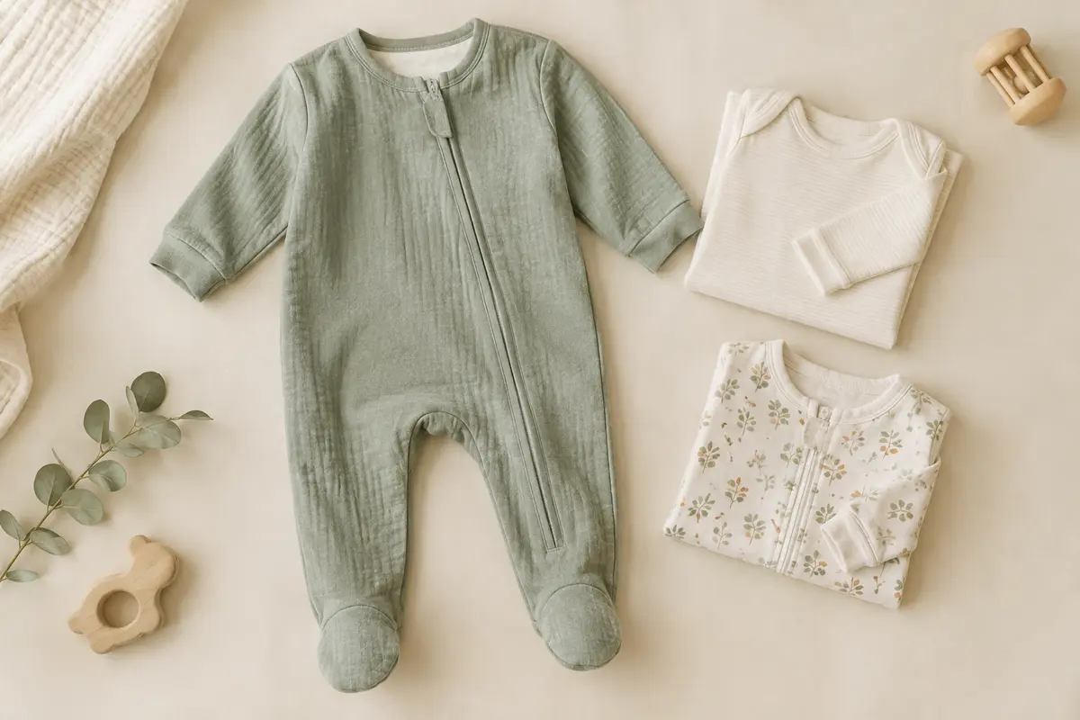 Surpyjama bébé posé près d’un body et d’un pyjama pour illustrer les couches de vêtements