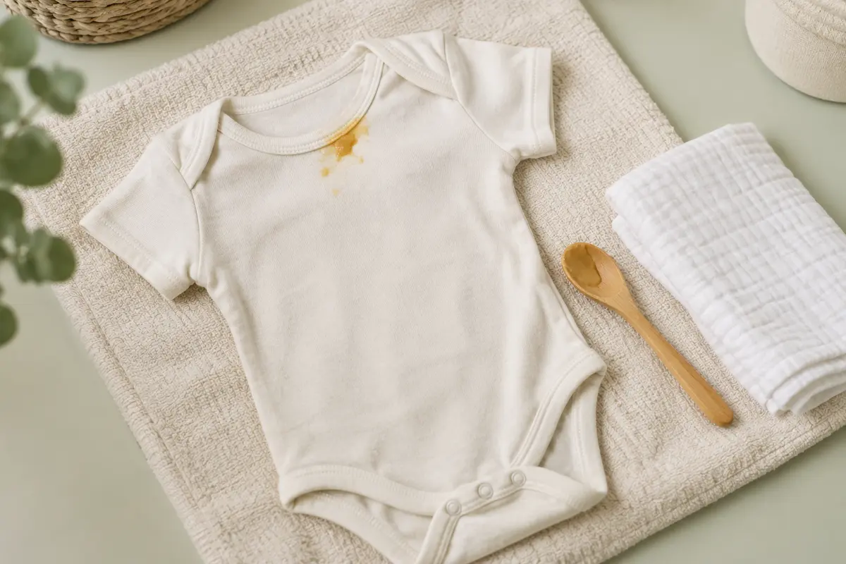 Body bébé en coton avec une petite tache de repas, posé près d’un linge propre sur une serviette claire