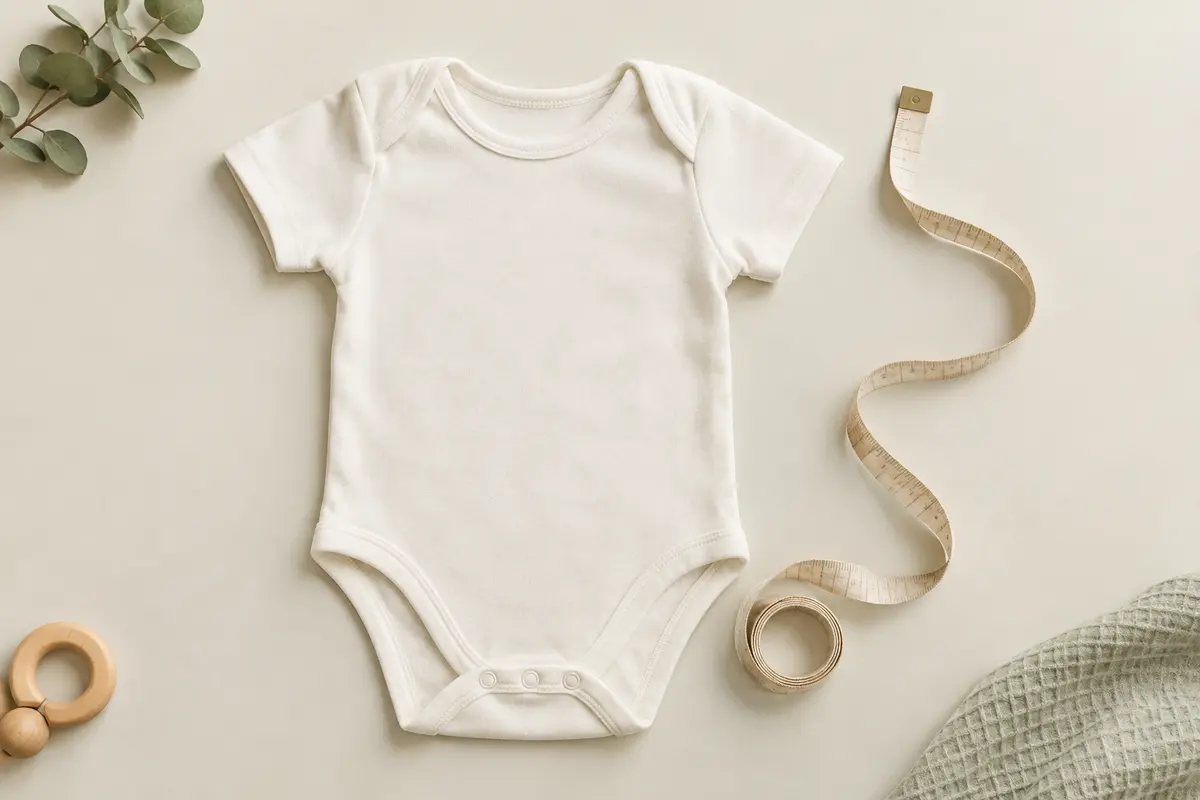 Body de bébé posé à plat près d’un mètre ruban pour illustrer le choix de la taille
