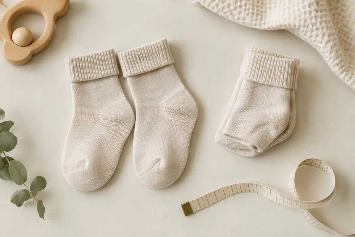 Deux paires de chaussettes de bébé montrant le talon, le bout et le bord-côte près d’un mètre ruban