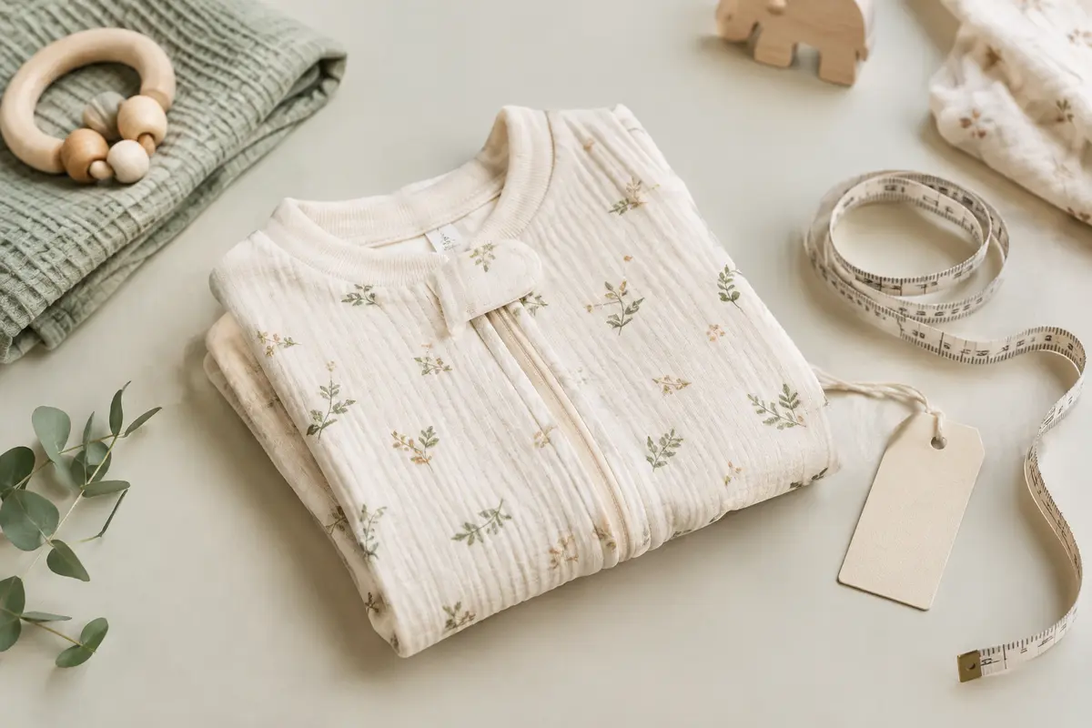 Vêtement bébé plié près d’une étiquette textile et d’un mètre ruban pour comparer ses caractéristiques