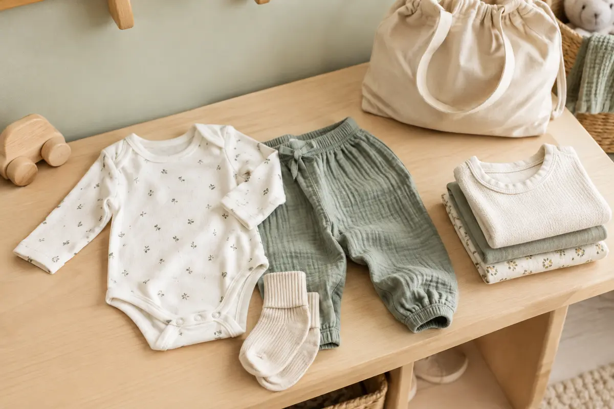 Tenue de bébé et vêtements de rechange pliés près d’un sac pour la crèche