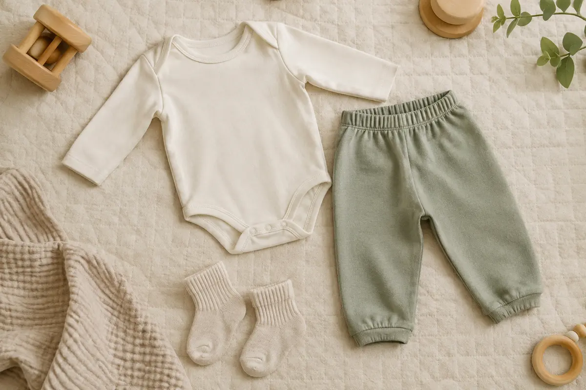 Body, pantalon souple et chaussettes de bébé posés sur un tapis neutre pour illustrer une tenue adaptée au sol