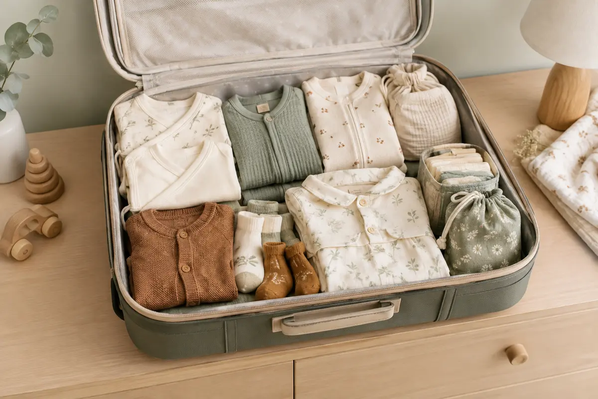 Valise de maternité préparée avec des bodies, un pyjama, des chaussettes et une tenue de sortie pour bébé