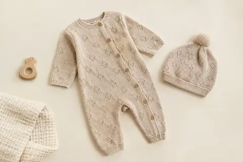 Barboteuse bébé en tricot beige à manches longues avec bonnet assorti, présentés à plat sur un fond crème.