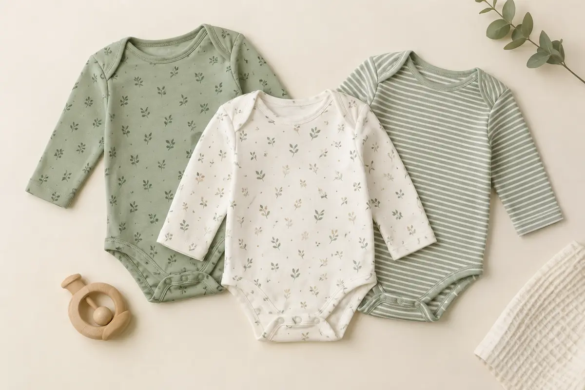 Trois barboteuses bébé en coton vert et blanc, pliées sur un fond crème avec un tissu gaufré.