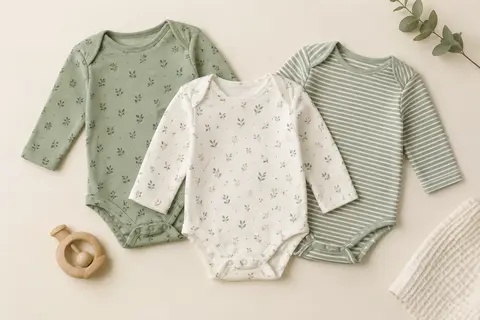 Trois barboteuses bébé en coton vert et blanc, pliées sur un fond crème avec un tissu gaufré.