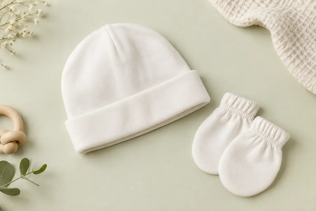 Bonnet blanc et moufles en coton pour bébé, présentés à plat sur un fond clair