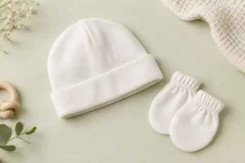Bonnet blanc et moufles en coton pour bébé, présentés à plat sur un fond clair