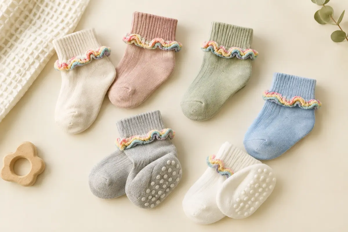 Lot de chaussettes bébé à volants arc-en-ciel, avec poignets côtelés et semelles antidérapantes