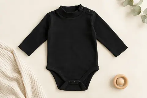 Body bébé noir à manches longues en coton, avec col semi-montant et pressions à l’épaule, posé à plat