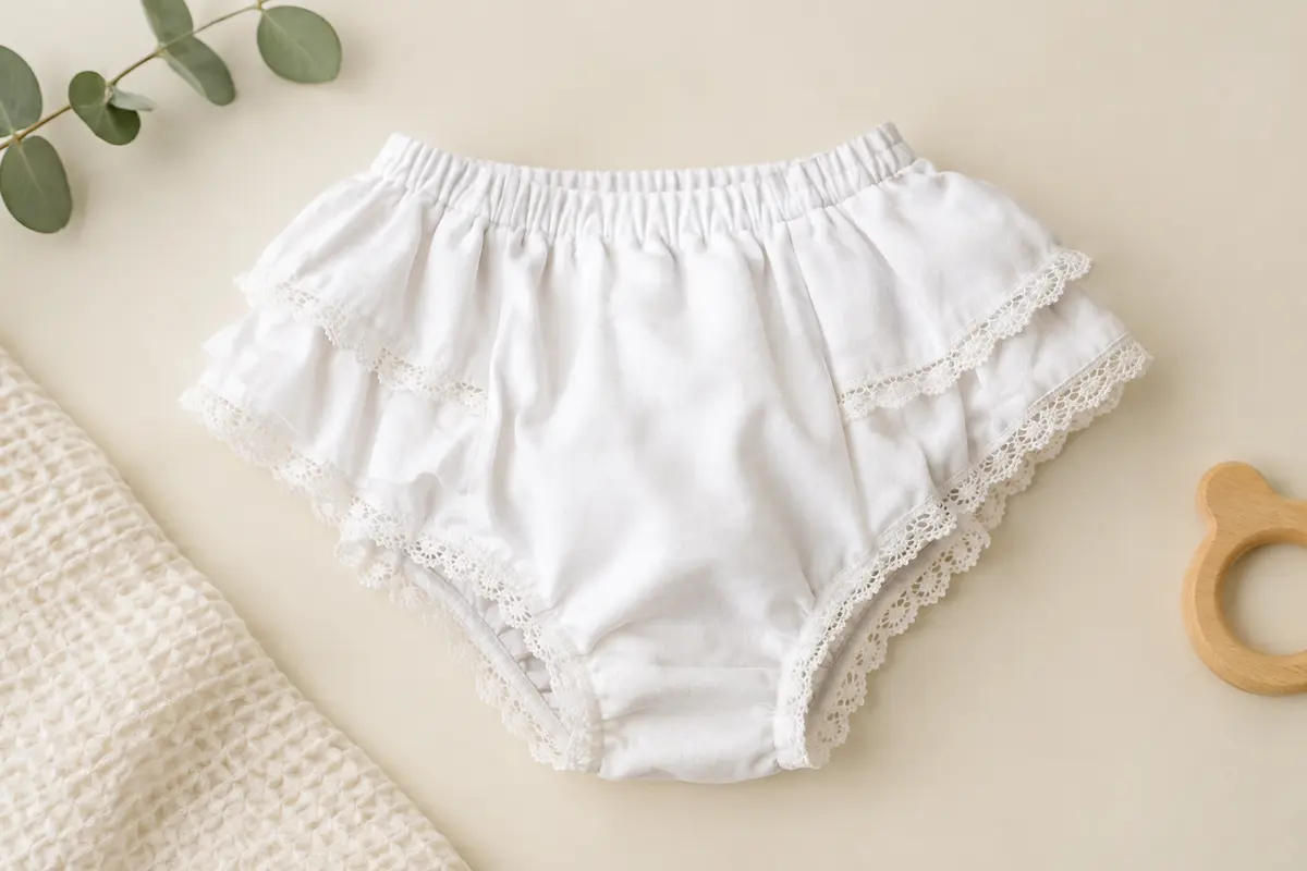 Culotte couvre-couche blanche Babidu en coton, présentée à plat avec dos à volants et bordure en dentelle.