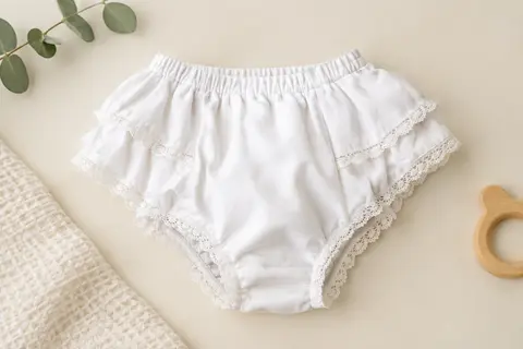 Culotte couvre-couche blanche Babidu en coton, présentée à plat avec dos à volants et bordure en dentelle.