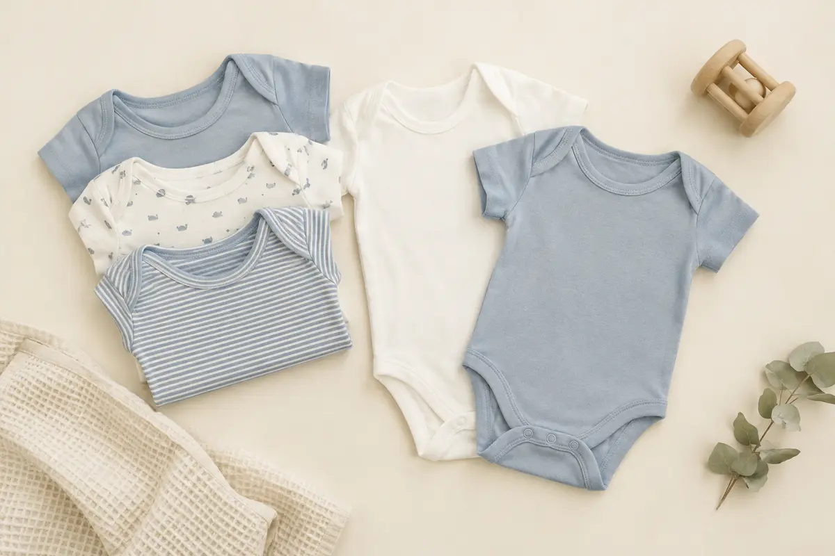 Bodies bébé à manches courtes en coton biologique bleu et blanc, pliés sur un fond crème