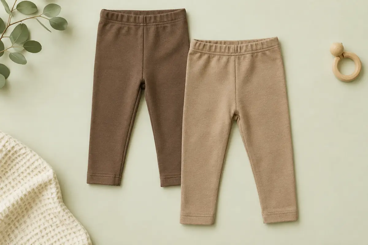 Deux leggings unis pour bébé en coton, dans des tons bruns assortis, présentés à plat sur un fond crème