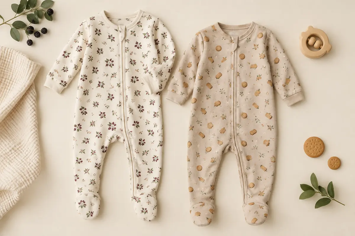 Deux dors-bien bébé en coton, avec zip intégral et couvre-pieds rabattables, posés sur un fond crème.