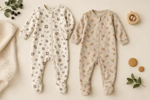 Deux dors-bien bébé en coton, avec zip intégral et couvre-pieds rabattables, posés sur un fond crème.
